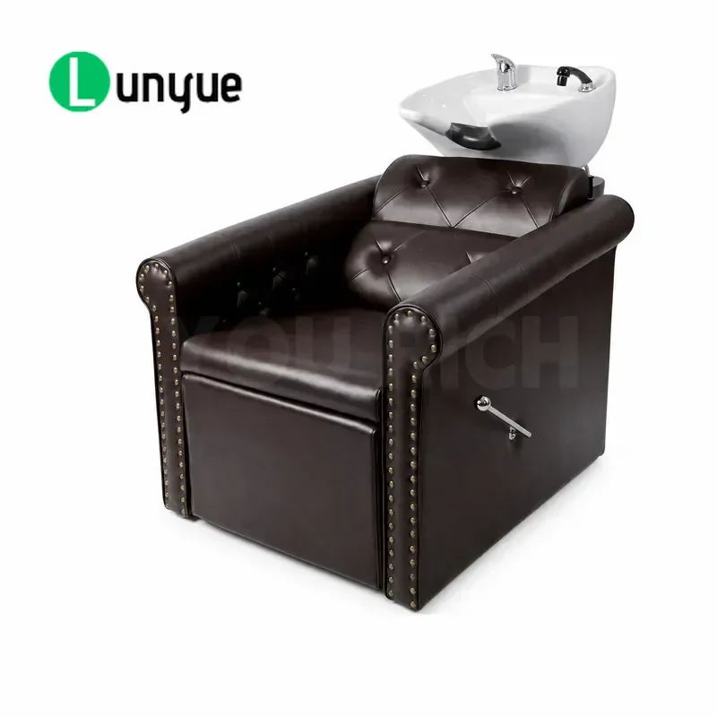 Vintage Brown Tufted Leather Shampoo Chair with Ceramic Basin for Barber Shop Beauty Furniture Durable Stylish Design
