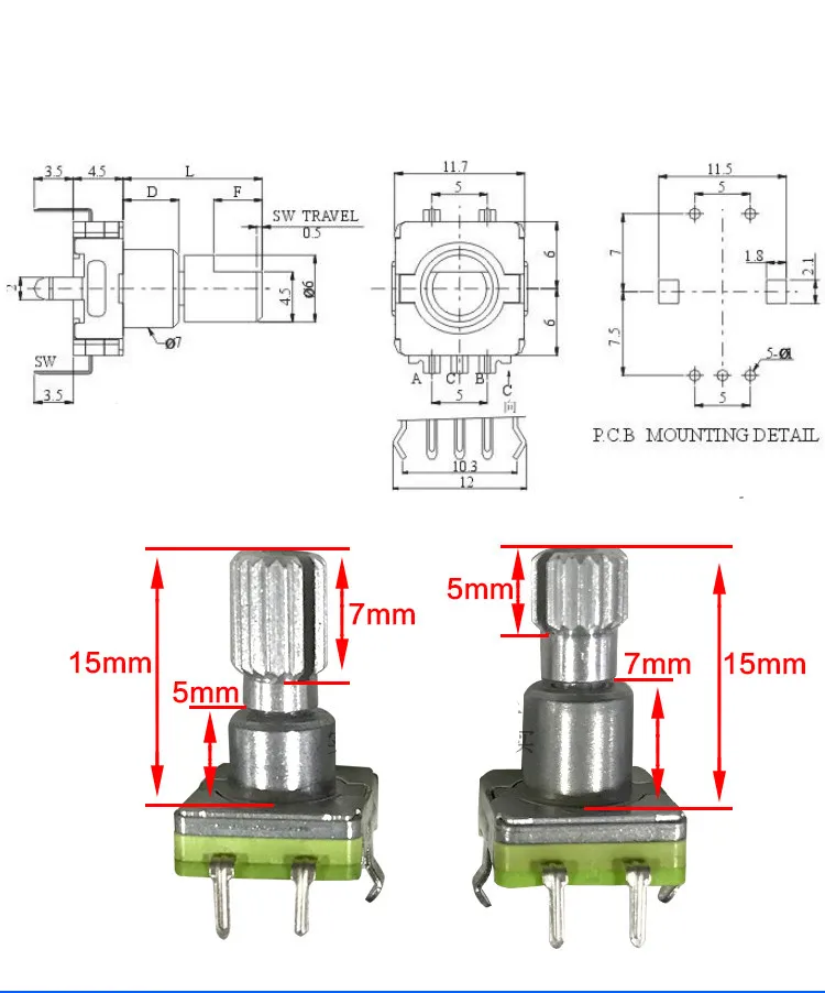 YYT 5PCS EC11 DVD encoder car navigation potentiometer car volume switch 30 bits with switch 15 flower shaft 5MM 7MM