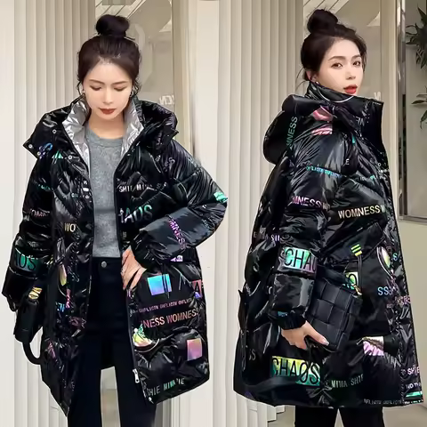 Mid-length, no-wash, glossy cotton-padded women's clothing for winter, loose, thick down, cotton-padded jacket and coat