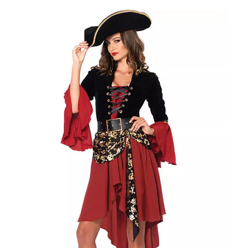 Rotes Piraten kostüm Frauen Piraten kapitän erwachsene weibliche Steampunk Kleid Halloween Maskerade Piraten kleid mit Hut gürtel