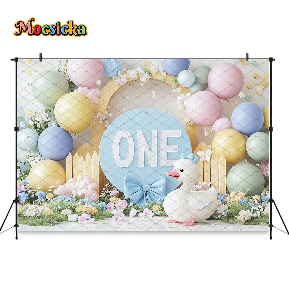 Mocsicka Goose Birthday Theme Backdrop for Baby Shower Photography Pastel Balloon Floral Fence Decor Background Kid Photo Studio