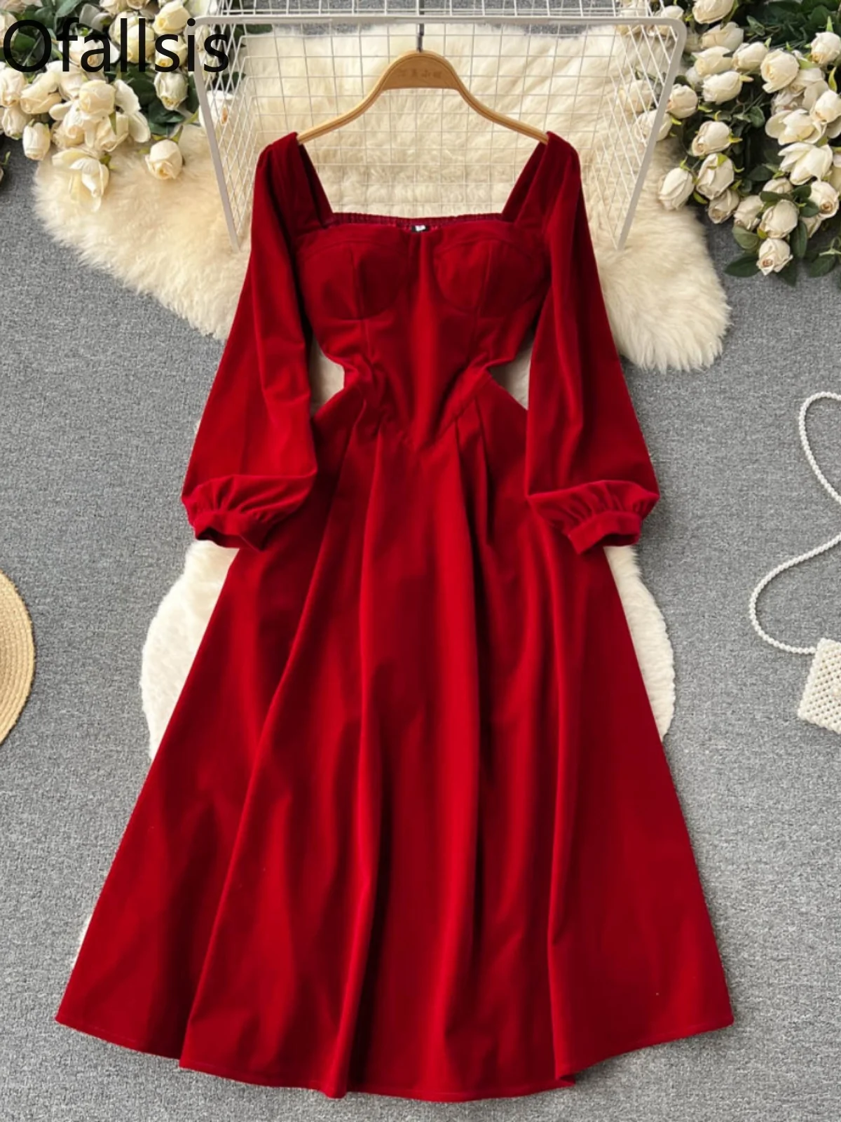 Ofallsis French Hepburn Style Long Sleeved Square Neck Velvet Dress 2024 Women's Autumn Winter Versatile Long Princess Dresses