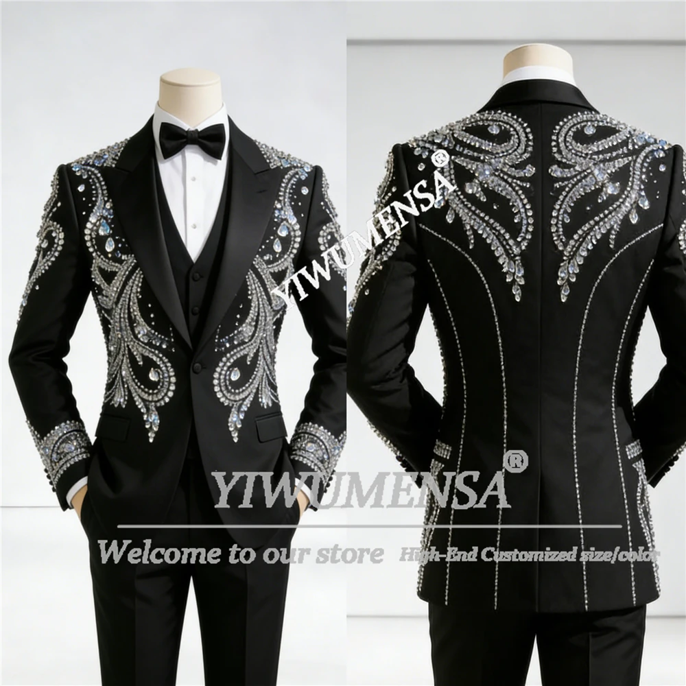 

Exclusive Diamond Beaded Suits Men Single Breasted 3 Piece Set Groom Banquet Wedding Tuxedos Outfits Customized Costume Homme