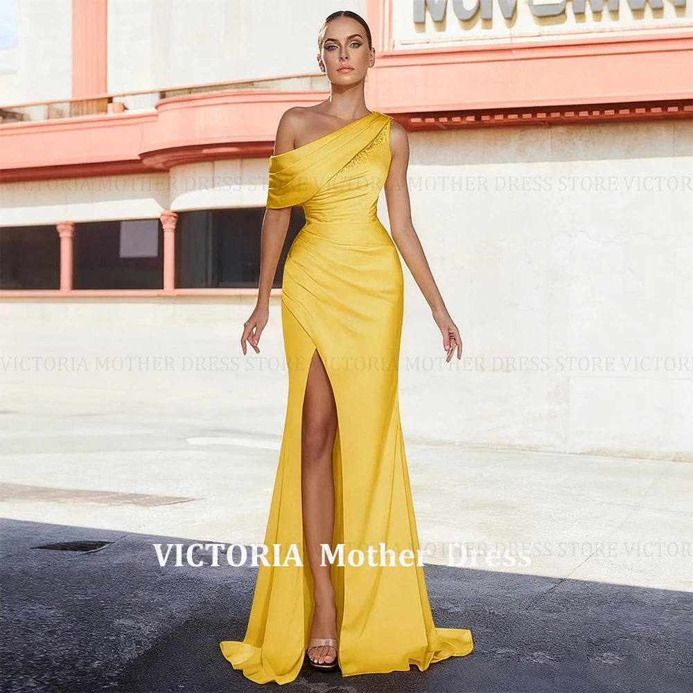 

VICTORIA Customized Modern Yellow Mother of the Bride Dress Pleated Front Slit Satin Long Wedding Guest Dress Party Evening Gown