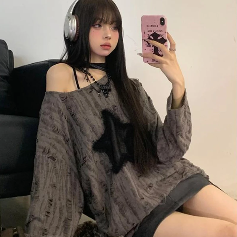 

Y2K Rough Edge Stars Long Sleeve T-Shirt Women's Streetwear Off Shoulder Tops Summer Oversized Kpop Hot Cool Girls Loose Tees