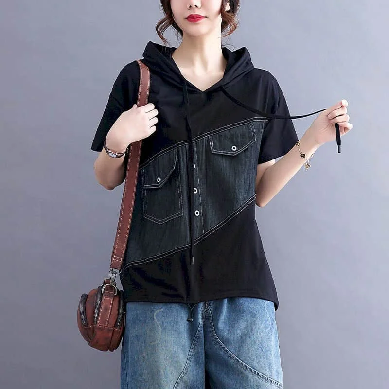 Oversized Hoodie Sweater Patchwork Denim T-shirt Short Sleeve Tops Fashion Casual  Hoodies Women High Street Women Clothing