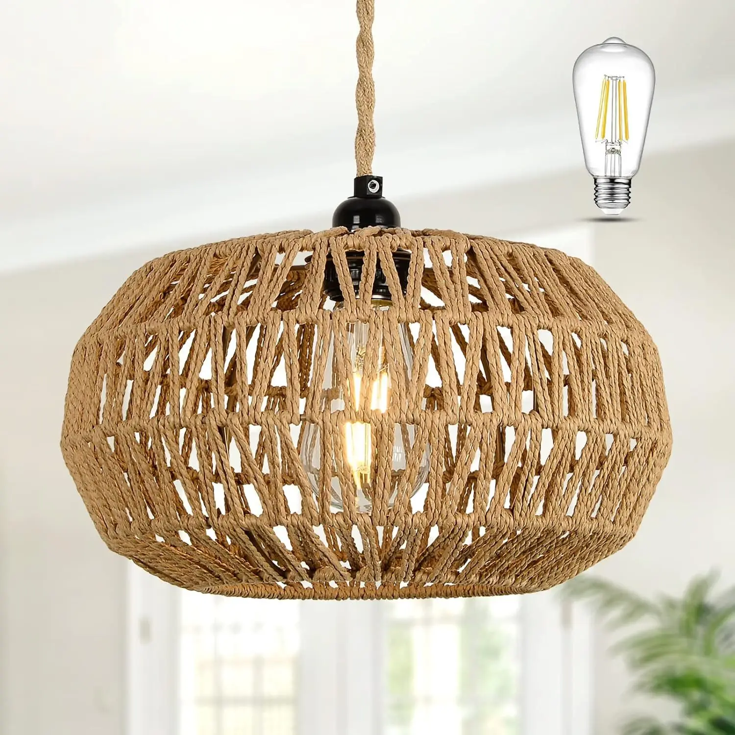 

Farmhouse LED Rattan Pendant Lights, Boho Chandelier Light Fixture, Rustic Wicker Hand Woven Rope Cage Basket Pendant Hanging fo