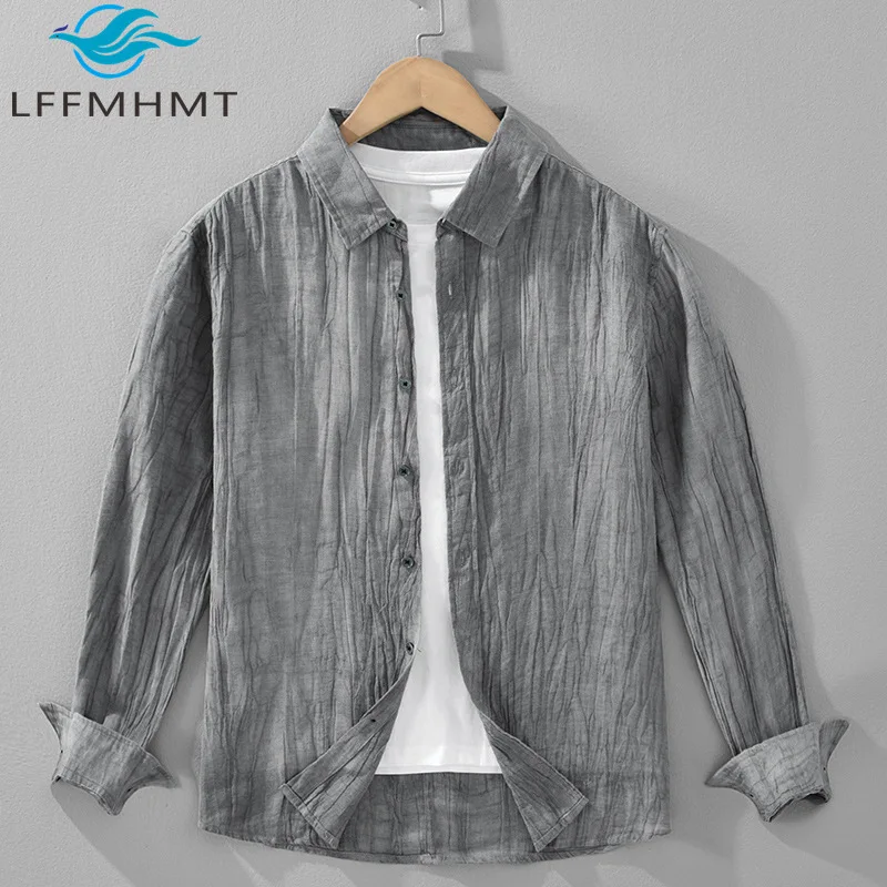 2515 Men's Loose Casual Linen Shirt Solid Color Simple Retro Crinkled Long Sleeve Breathable Thin Blouse for Spring Autumn Wear
