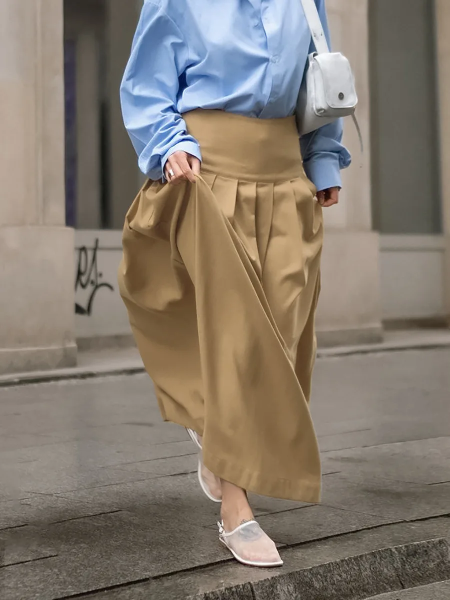 

Spring and Summer Classic Retro Fashion Khaki Casual High Waisted Pleated Commuting Sexy Half Skirt