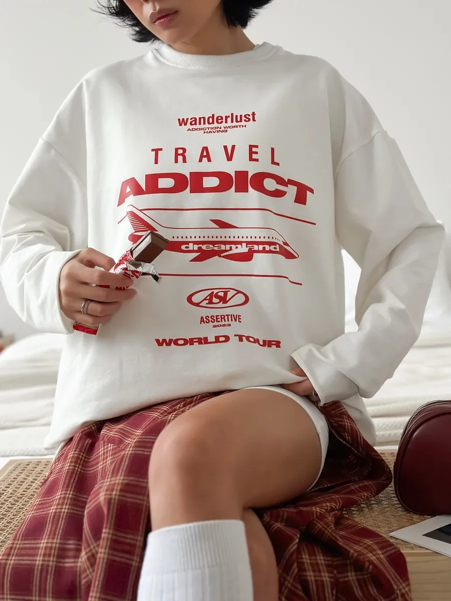 ملابس رياضية للسيدات لربيع وخريف 2025 ﻿ بلوزات فضفاضة مطبوعة بأحرف المرأة عادية س الرقبة كم كامل بلوزة الإناث