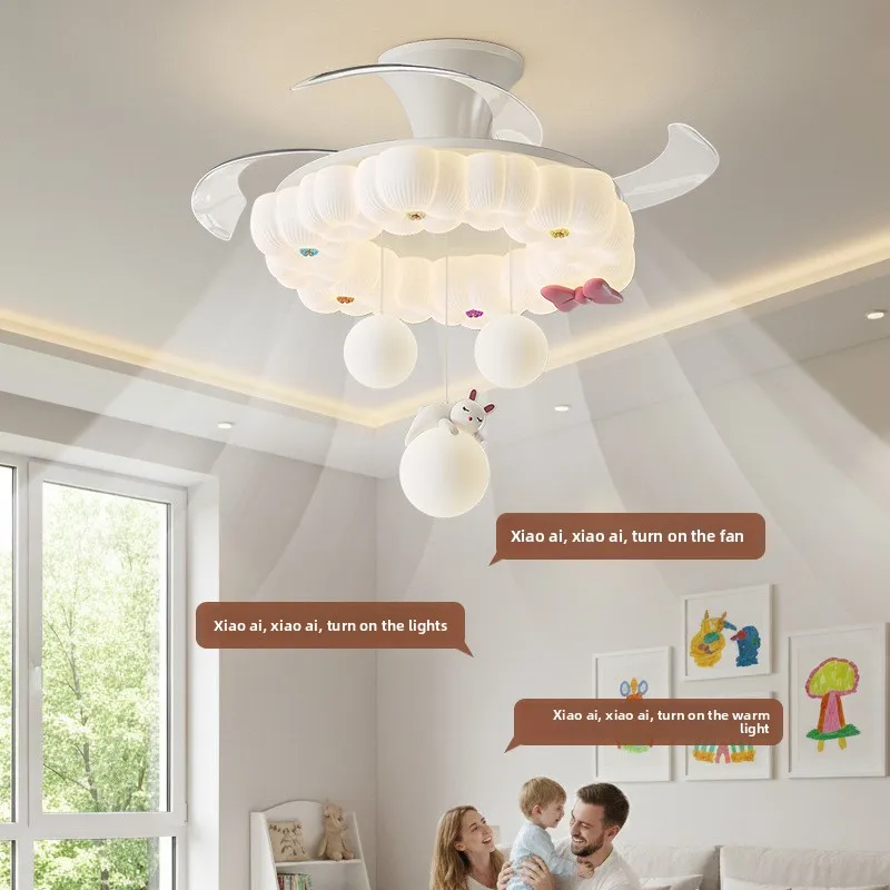 French Cream Style Restaurant Ceiling Fan Lights Creative Hanging Ball Cartoon Children's Bedroom Parlor Invisible LED Fan Lamps