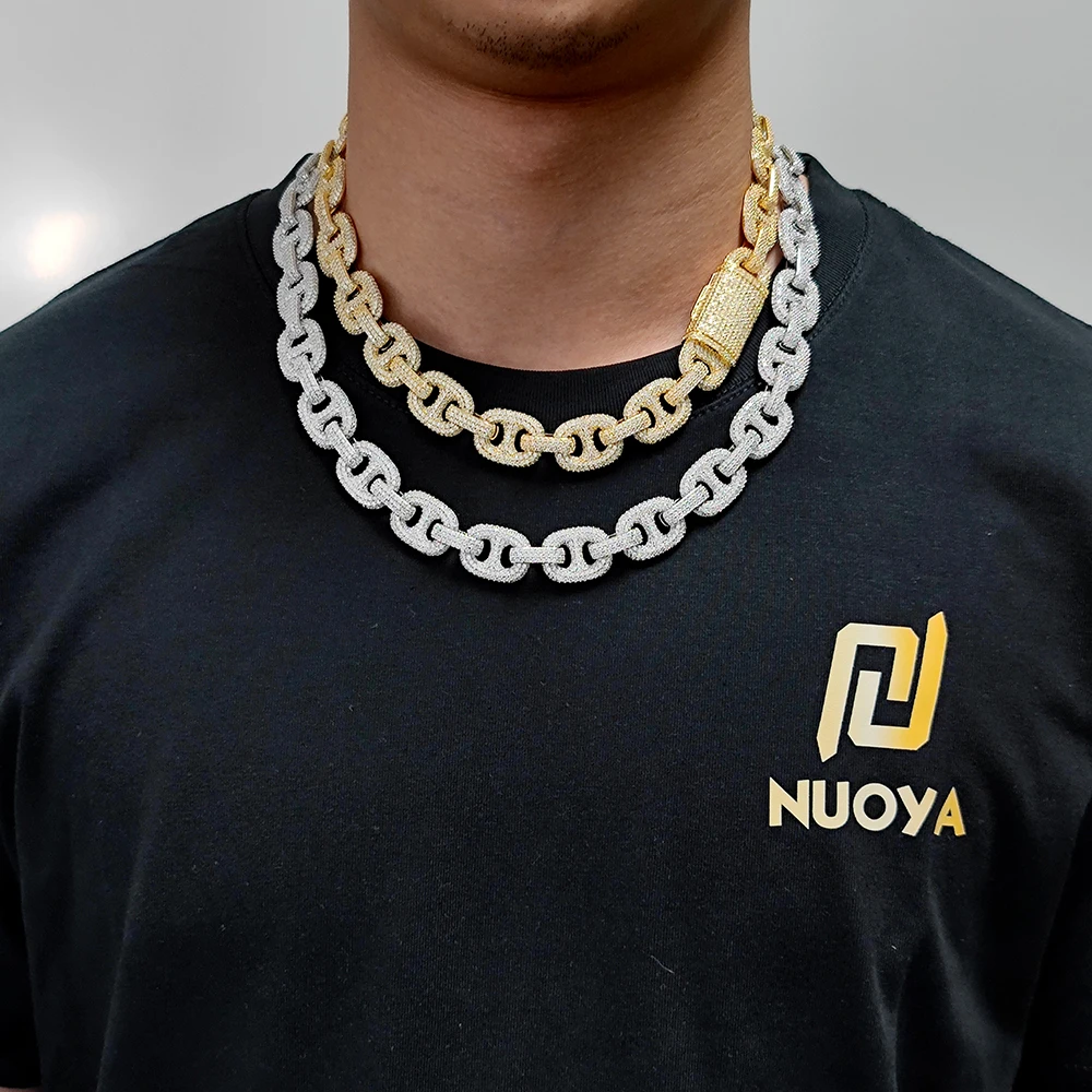 

Hip Hop 16MM CZ Iced Out Cuban Link Chain Jewelry Necklace Women Heavy Pig Nose Coffee Bean Button Cuban Chain Necklace