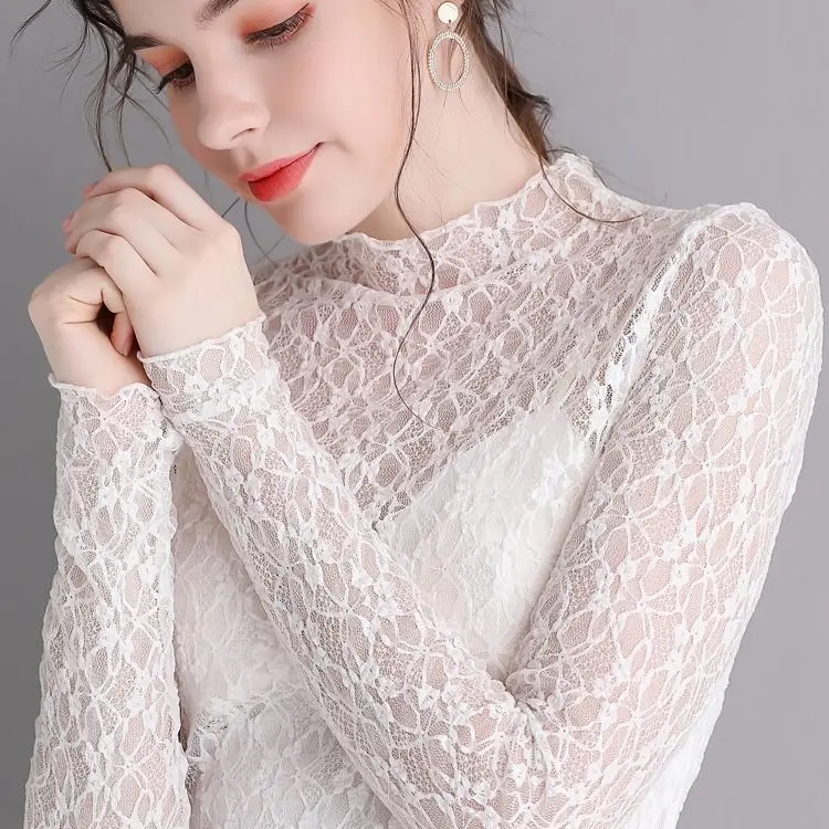 Blouse Women Turtleneck Grenadine Women Long Sleeve Gauze Clothes Perspective Hollow-out Lace Tops Blusas Ropa De Mujer