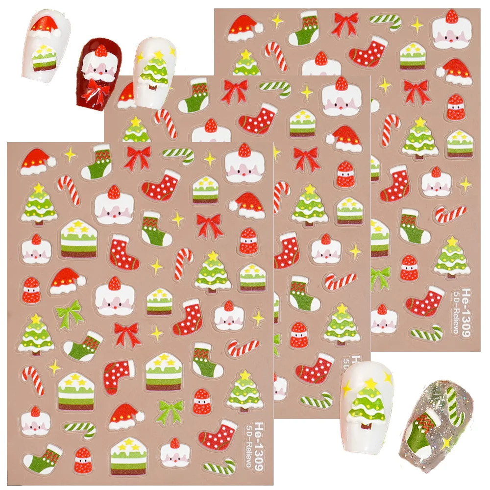 

1/5/10pcs Bow Star Christmas Nail Stickers 5D Embossed Nail Art Stickers Cute Sweet Cartoon DIY Manicure Decoration Decals
