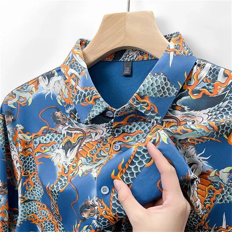 High-Elastic Amazing Silky Shirts For Men Short Sleeve Easy Care Summer Quality Ice Coolness Thin Dragon Print Camisas De Hombre