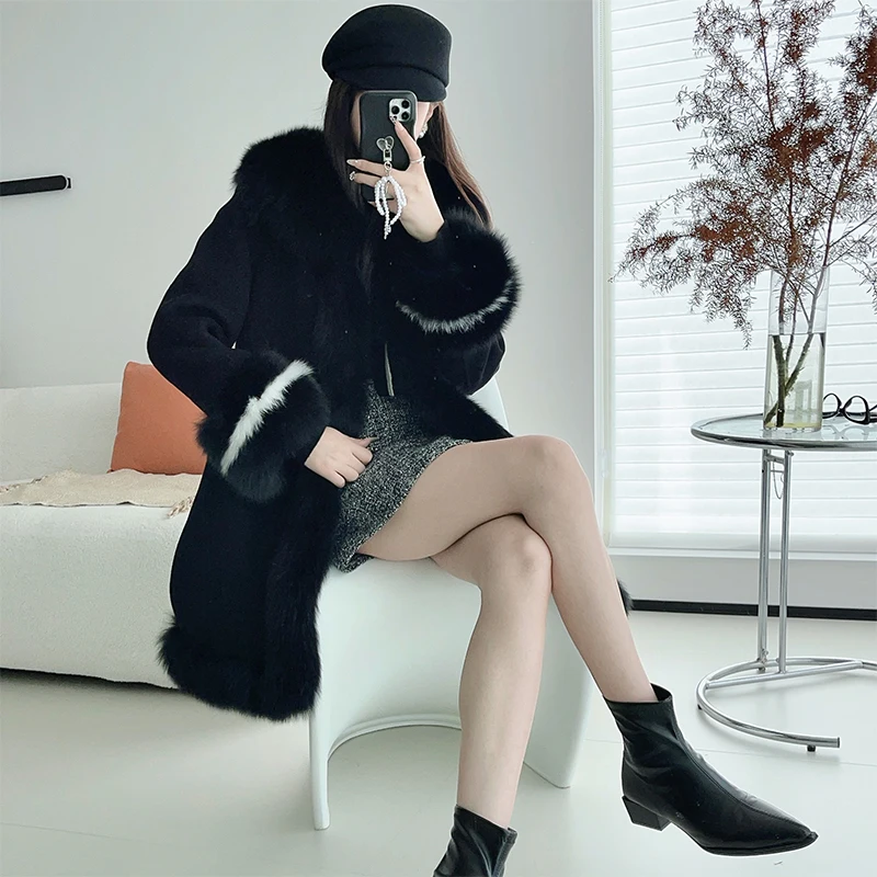 Women Winter Warm Cashmere Wool Jackets Long Goose Down Lining Jacket Real Fox Fur Collar Cuffs Coat Thick Female Outwear