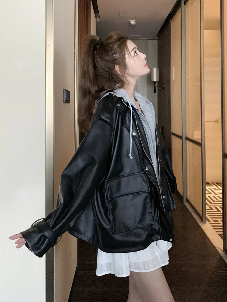 

Casual American Sle Motorcycle ort Jaet Women's Spring Autumn New Loose Fit Faionable PU Leather Coat for Small Figures