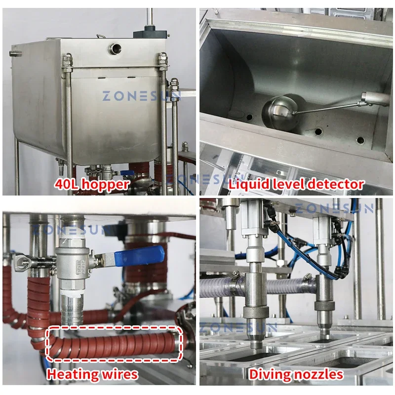 ZONESUN Mesin Penyegel Cangkir Pengisi Pemanas Cair Pompa Piston Otomatis Produksi Kemasan Makanan Jelly Lilin Parafin ZS-AFS01