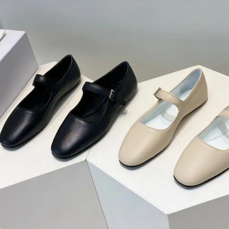 Dave&di Minimalist British Leather Square Round Toe Flats Mary Jane Shoes Ballet Leather Shoes For Woman Ankle Straps Shoes 2026