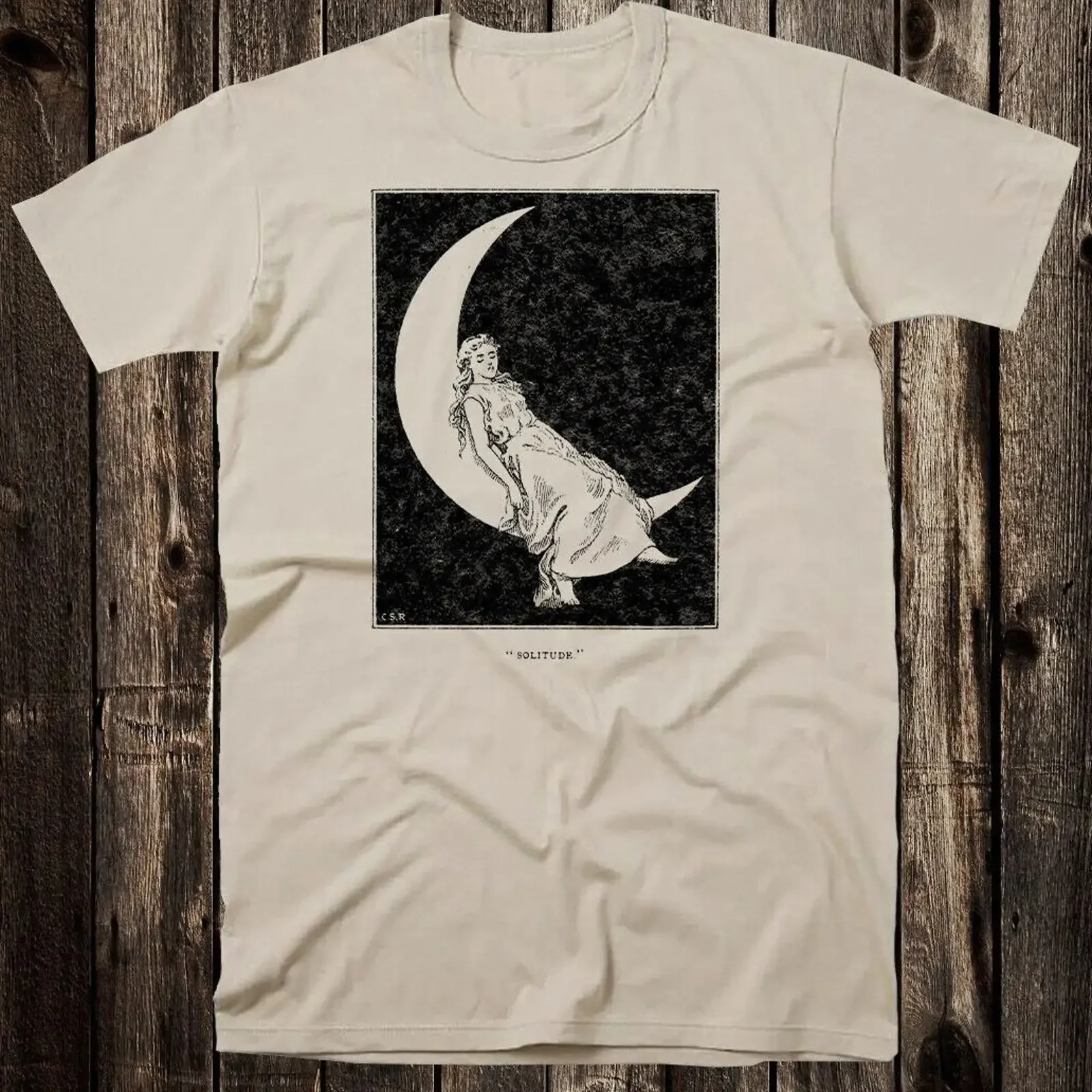 Vintage Style Goth T Shirt Occult Victorian Art Witch Solitude Crescent Moon vintage Washed streetwear Stylish homme Versatile