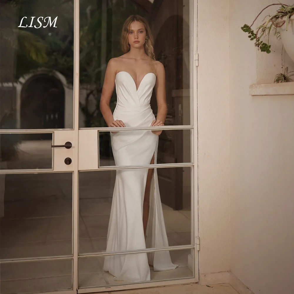 LISM Silk Satin Wedding Dresses Simple High Slit Mermaid Customized Party Gown Bridal Reception Dresses Robe de mariée