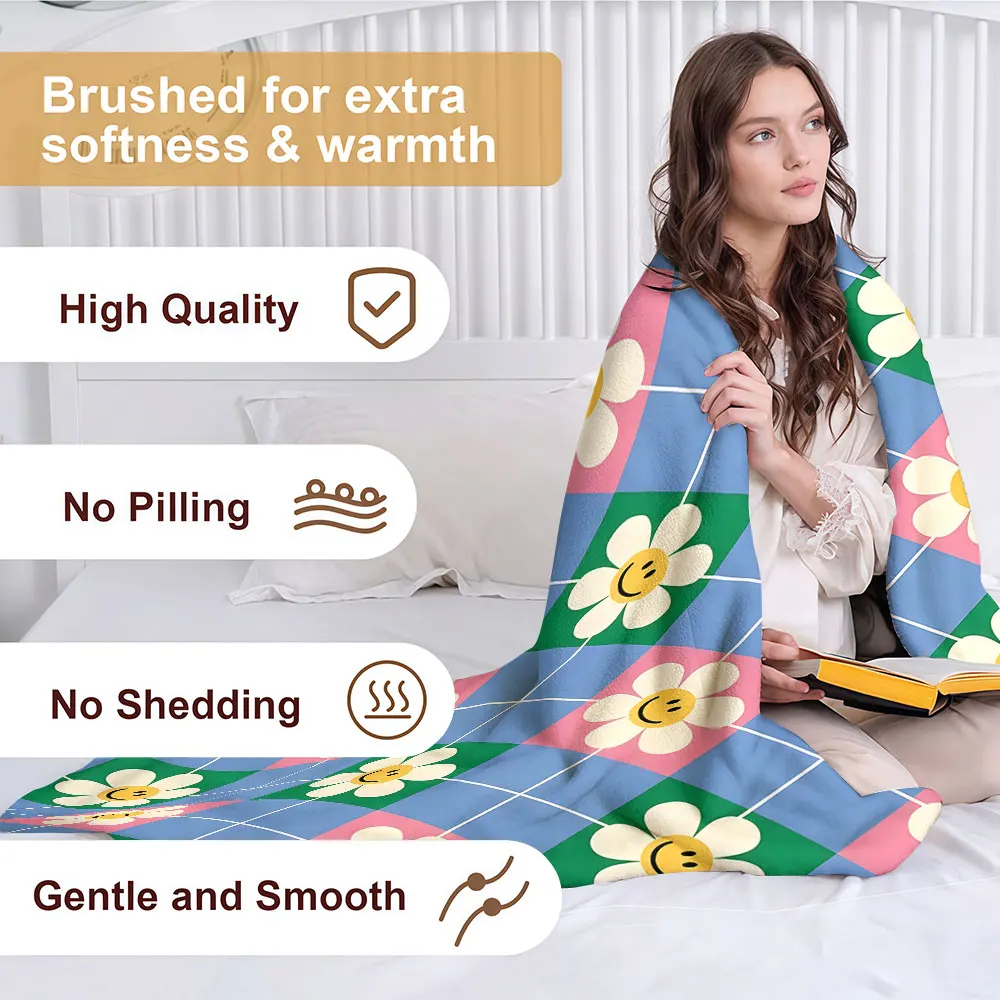 Daisy Argyle Smile Soft Warm Flannel Blanket Lightweight Cozy Christmas Halloween Home Decor Room