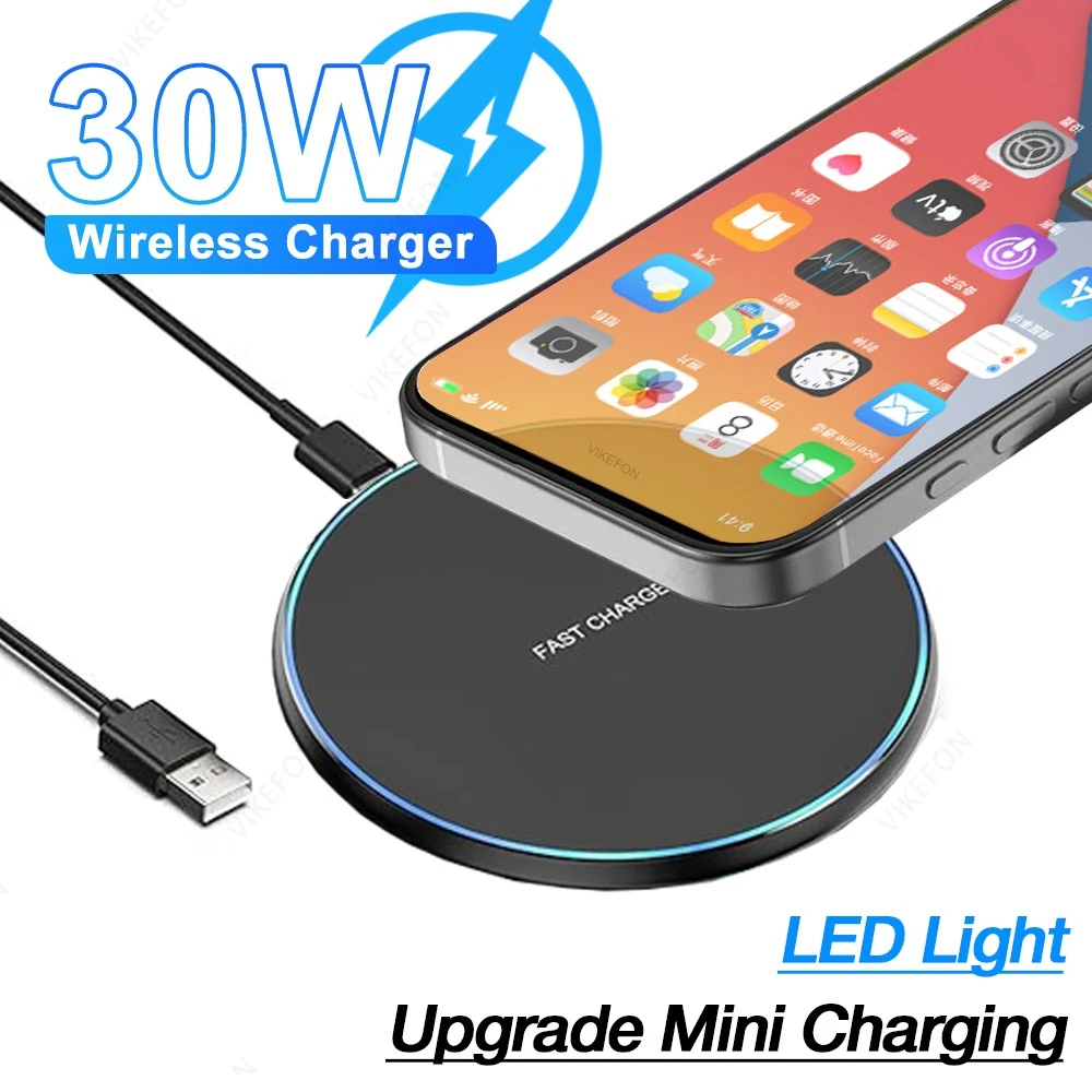 Desktop 30W Mini Wireless Charger Pad LED Light For iPhone 16 15 14 13 12 Samsung S25 S24 Xiaomi AirPos Pro Fast Charger Station
