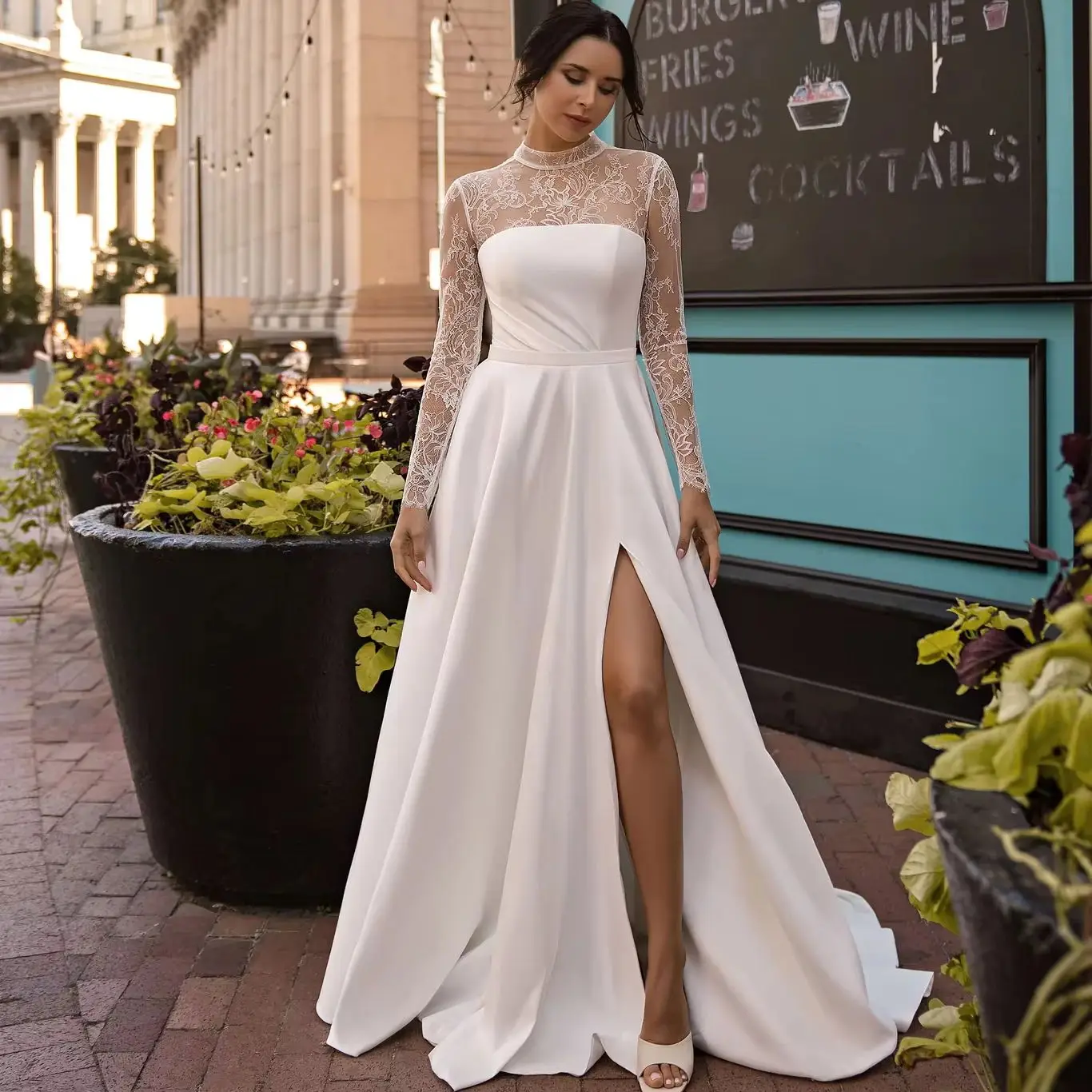 

Simple Satin A Line Wedding Dresses Lace High Neck Long Sleeves Bridal Gowns Charming Side Split Customized Vestidos De Mariee