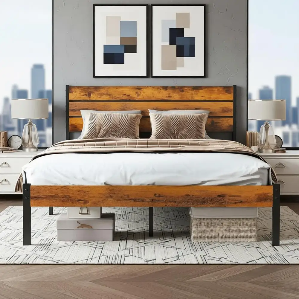 

Durable Metal Bed Frame with 800 lbs Capacity, Underbed Storage, No Box Spring Needed, Easy Assembly, Rust Brown