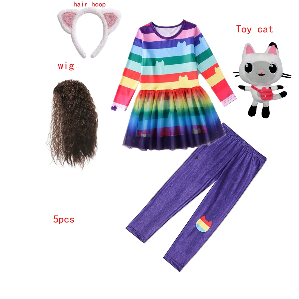 Gabby Cats Baby Girls Summer Gabby\'s Dollhouse Dress Rainbow stripe Kids Cosplay Princess Toddler Birthday Party Dresses+wig