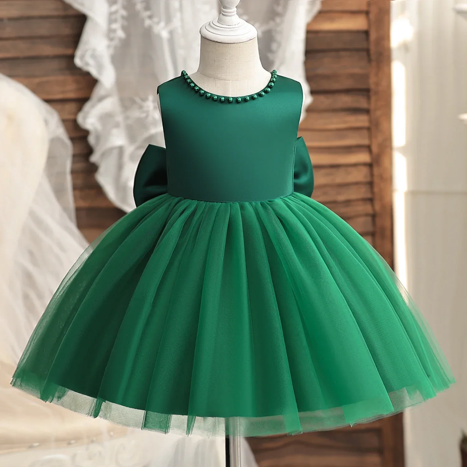 2024 Kid Pearls Elegant Princess Dress for Girls Backless Bow Baby Girl 1st Birthday Baptism Tutu Gown Wedding Party Girls Dress