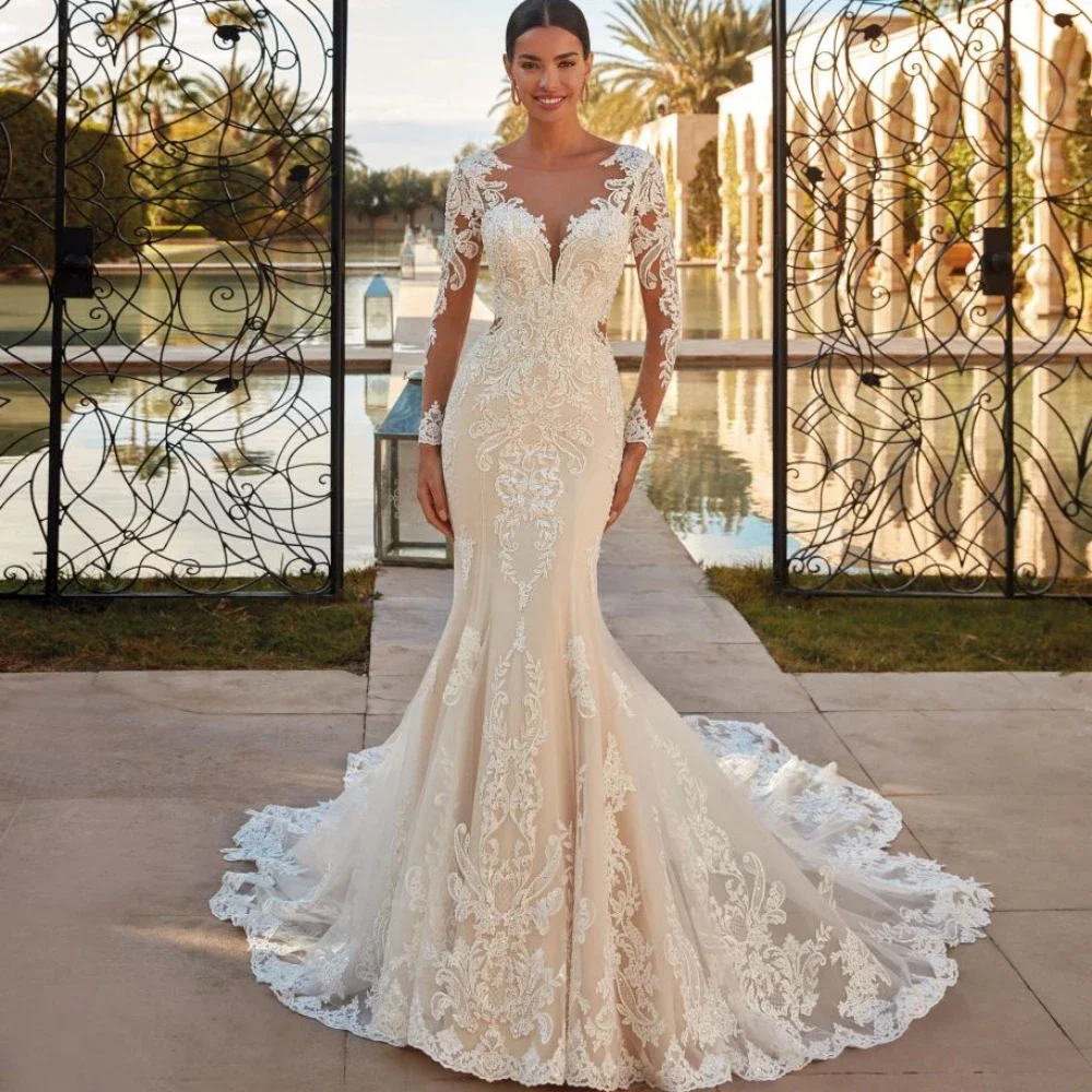 

Flavinke Customized Charming Glitter Sequins Appliques Bride Robe Long Sleeve Wedding Dress Mermaid Bridal Gown Robe De Mariée