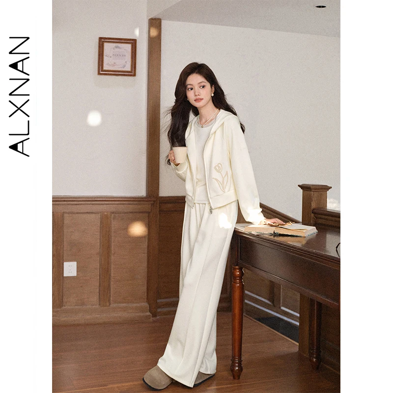 ALXNAN Casualowe spodnie z wysokim stanem, plisowane, z elastycznym pasem, damskie szerokie spodnie, miękkie, zwiewne, oddychające, uniwersalne spodnie L57960