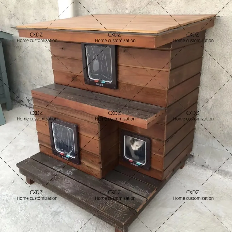 XXoutdoor cat house cat villa cold-resistant and warm double-layer board cotton-padded solid wood rain-proof and sun-proof
