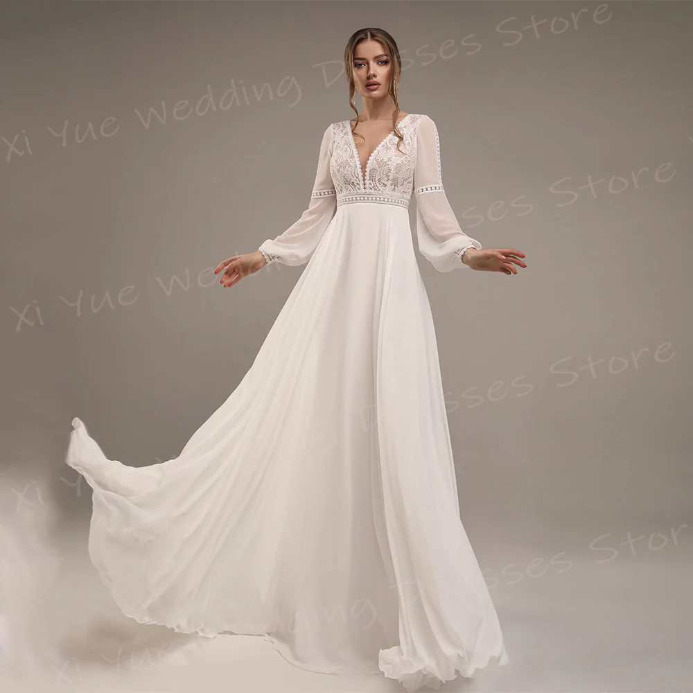 Simple Modern A Line Women's Wedding Dresses Classic V Neck Lace Appliques Bride Gowns Pretty Long Puff Sleeve Vestido De Noivas