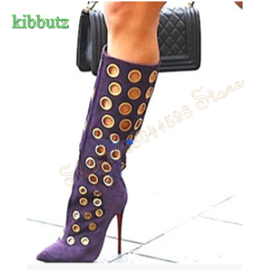 Hollow Suede High Heel Boots,Pointed Toe Stiletto Knee High Boots Retro Party Women Boots Plus Size 2024 New Zapatos Para Mujere