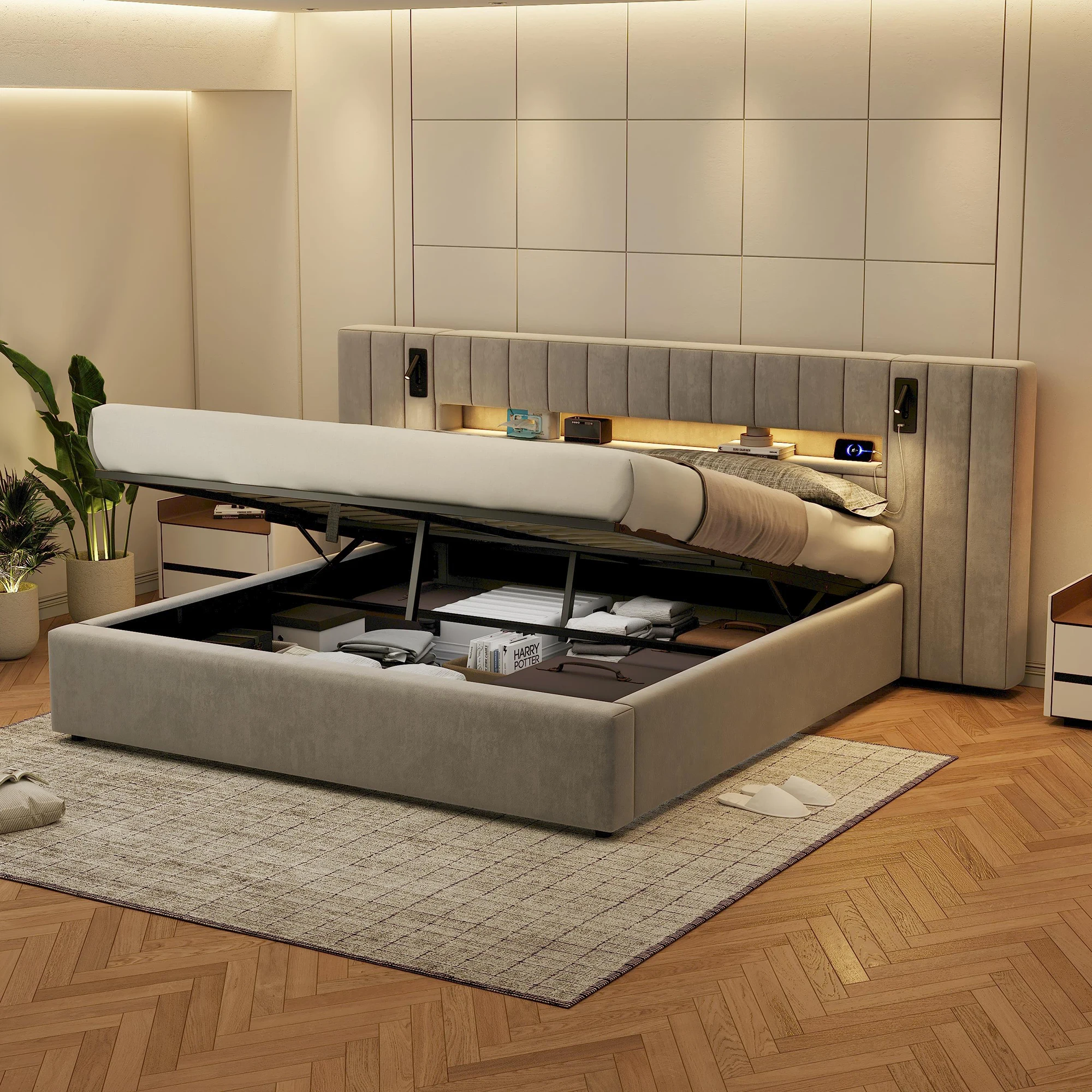 هيكل سرير 180 × 200 سم، مع واجهة USB، سرير مرتبة ناعمة، سرير مزدوج، سرير غرفة تخزين، سرير عملي، مع إضاءة LED، مصباح بجانب السرير في غرفة التخزين، بدون مرتبة، مخمل، رمادي