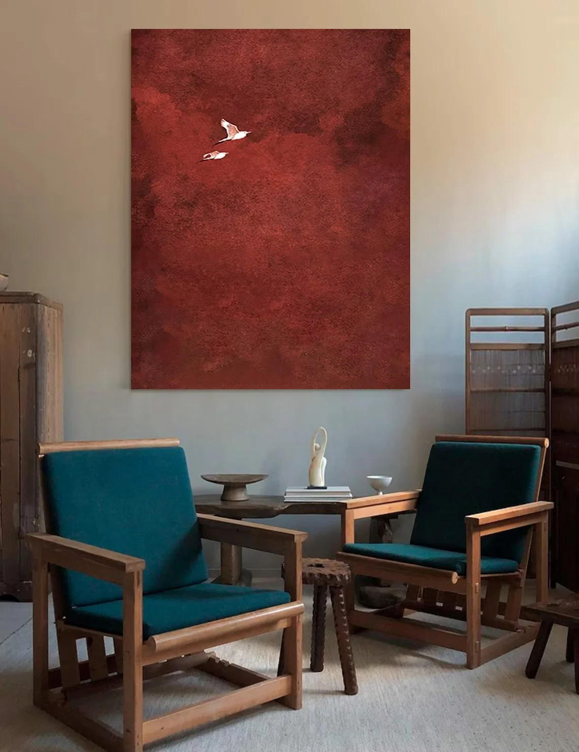 "Crimson Sky Birds Abstract Wall Print Decor - Minimalist Textured Painting of Two Birds in Flight Against a Deep Red Background view 5