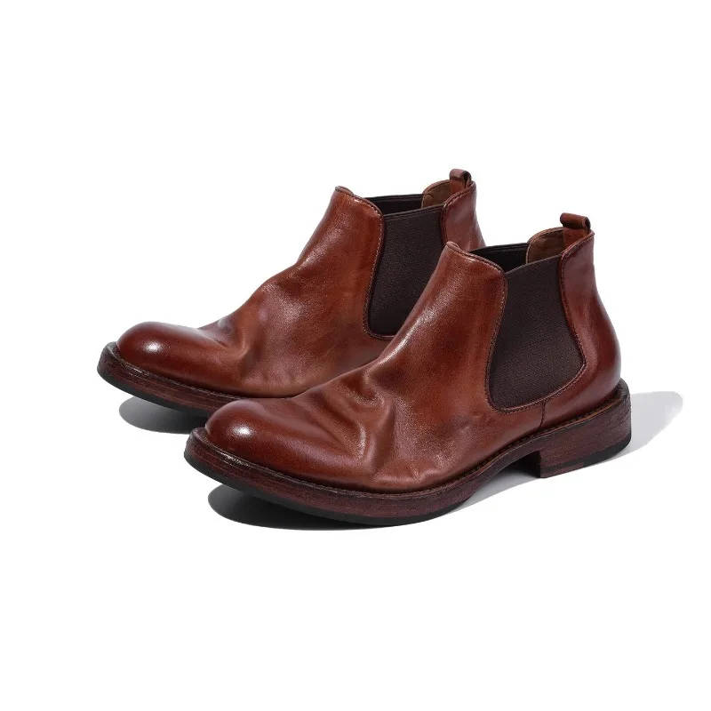 

British Style Horsehide Chelsea Boots Men's Retro Casual High Top Genuine Leather Slip on Outdoor Motorcycle Luxury Hiking Boots