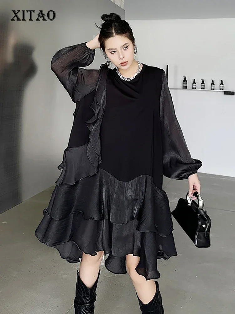 

XITAO Gauze Patchwork Asymmetrical O-neck Dress Solid Color Pullover Long Sleeve Fashion Temperament Dresses 2025 Spring LJ1029