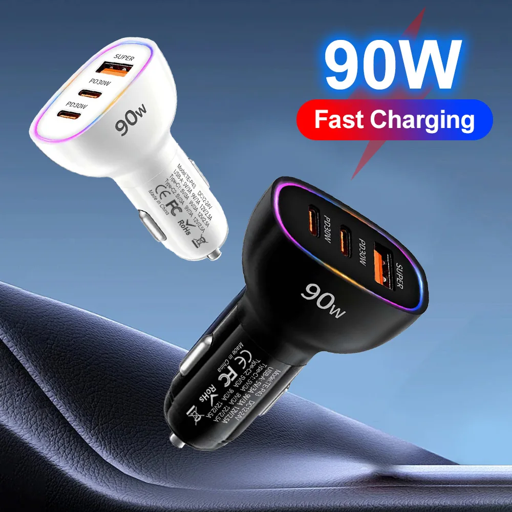 90W PD Car Charger 3 Port Fast Charging Adapter 2 Type C and 1 USB A Ports Multiple Safety Protections For 12-24V Vehicles