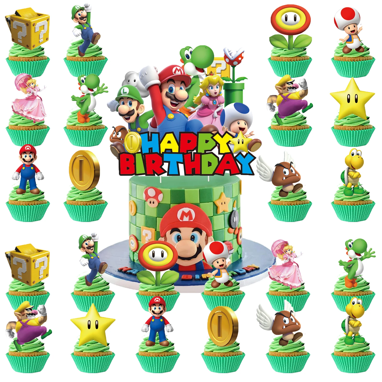 Super Mario Cake Topper、Cupcake Toppers ，Mario Birthday Decoration Theme Party Supplies  Birthday Cake Decorations