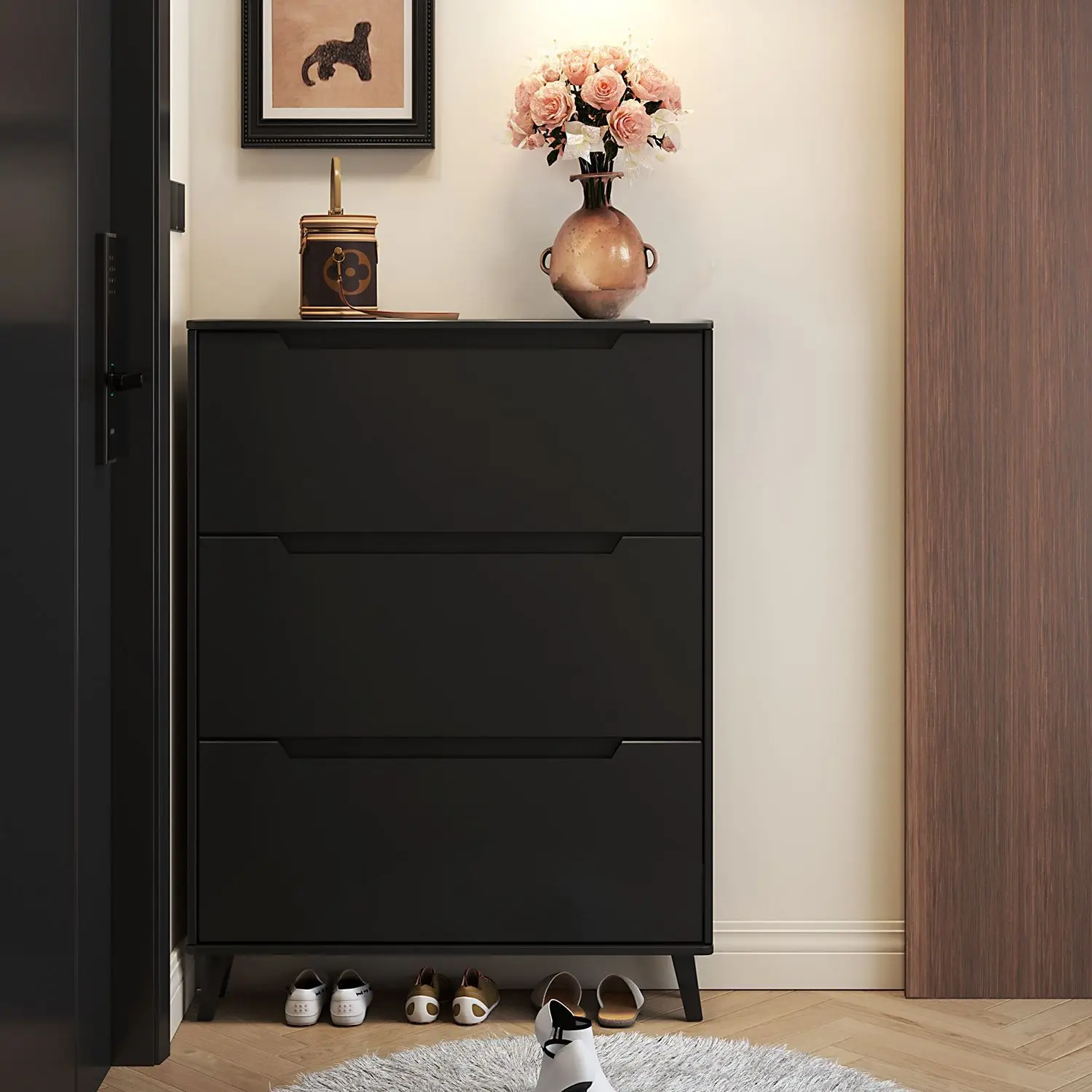 Oak tipping bucket shoe cabinet for home use, very narrow 18cm locker at the door, large capacity entry