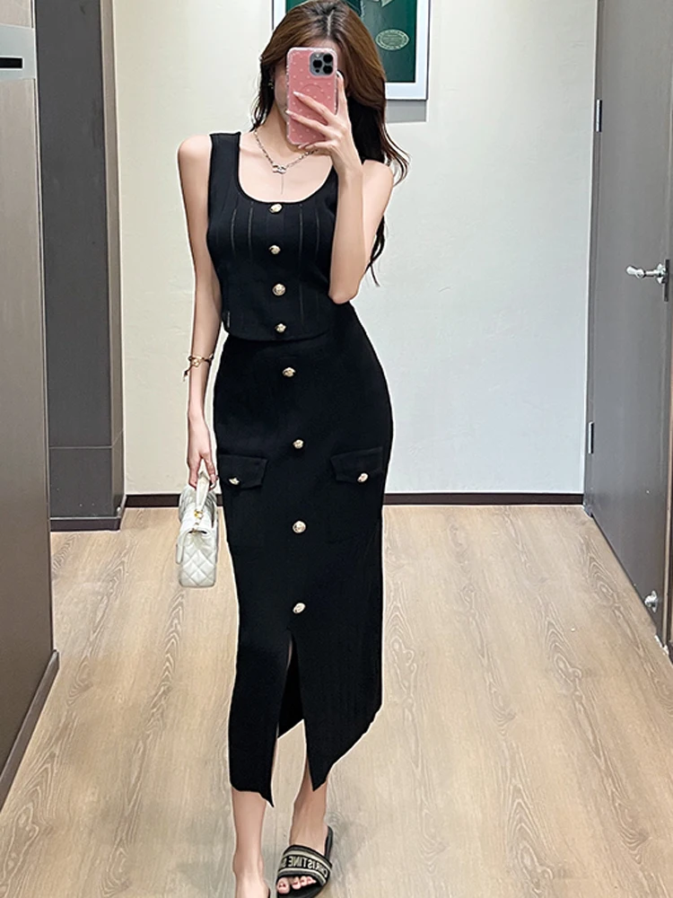 

2025 Summer Fashion Two Piece Set Women Black Knitted Button Sexy Vest Tops And Bodycon Midi Skirts Suit Female Clothing