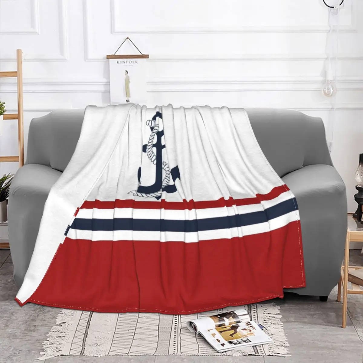 Nautical Blue Anchors With Stripes Blankets Breathable Soft Flannel Summer Sailing Sailor Throw Blanket for Couch Office Bed