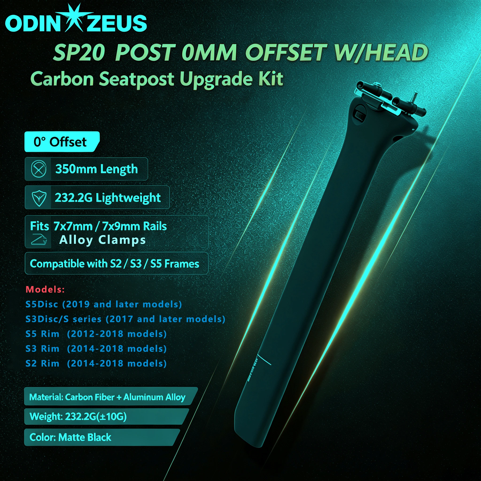 ODINZEUS SP20 Carbon Fiber Seatpost 0/15/25mm Offset 350mm Fits S2 S3 S5 Frames 7x7mm 7x9mm Saddle Rails Matte Black Bike Parts