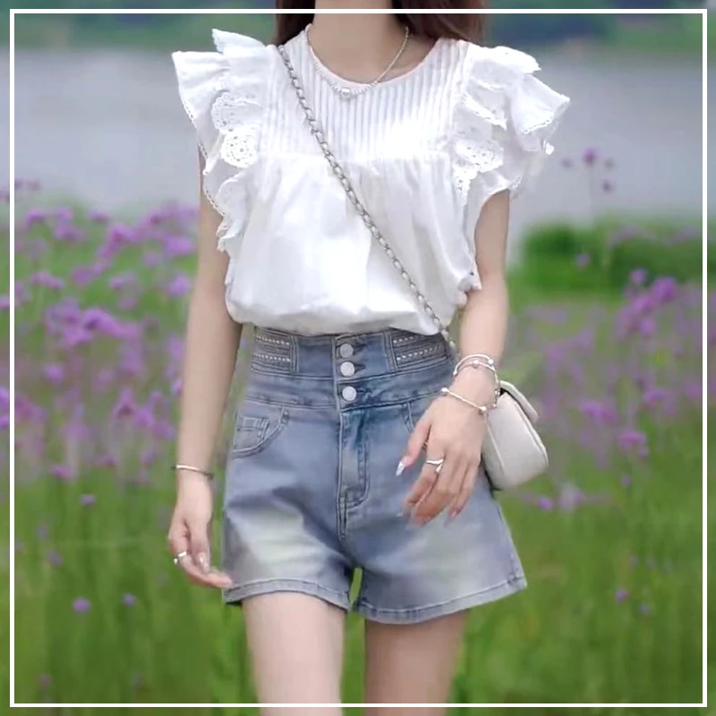 2024 New Summer Sweet and Age Reducing Fashion Round Neck Lotus Leaf Lace Double Layered Flying Sleeves Versatile Small Shirt