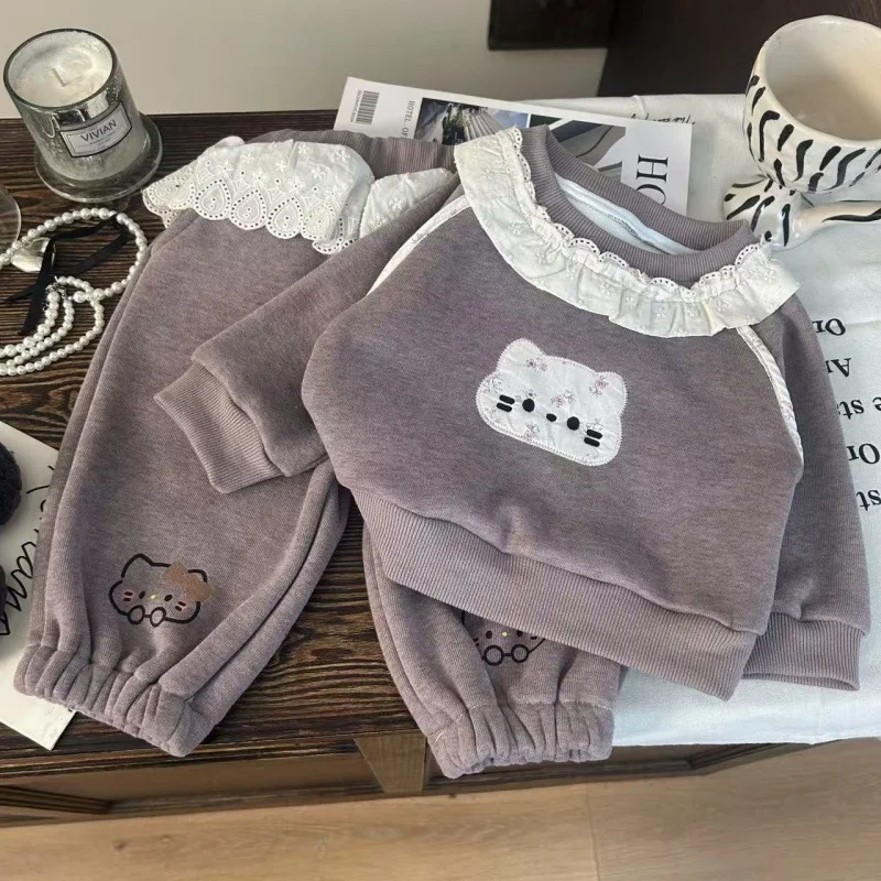 Korean version children's clothing  autumn  girls knitted sweater lace collar suit children's cartoon leisure two-piece set