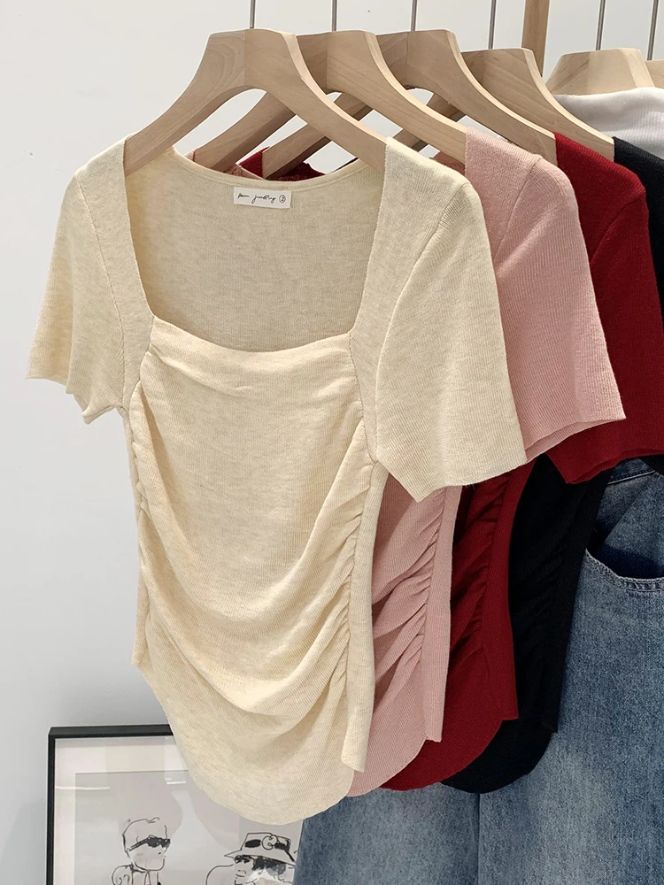 Slim Fit Short Sleeve T-Shirt Women's Square Collar Gathered Waist Hidden Belly Korean Style Summer Fashion Anti-Aging Top