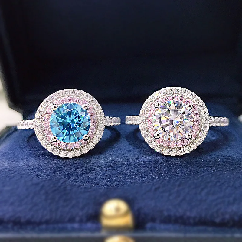 S925 Silver Pink Diamond Ring Colorful Diamond Fashion Personalized Micro Set Diamond Ring Popular Jewelry Princess Women's Styl